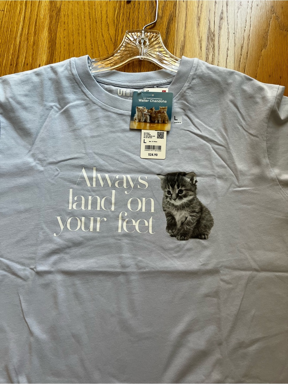 Uniqlo Light Blue Cute Cat Graphic Tee - "Always land on your feet" Large NWT